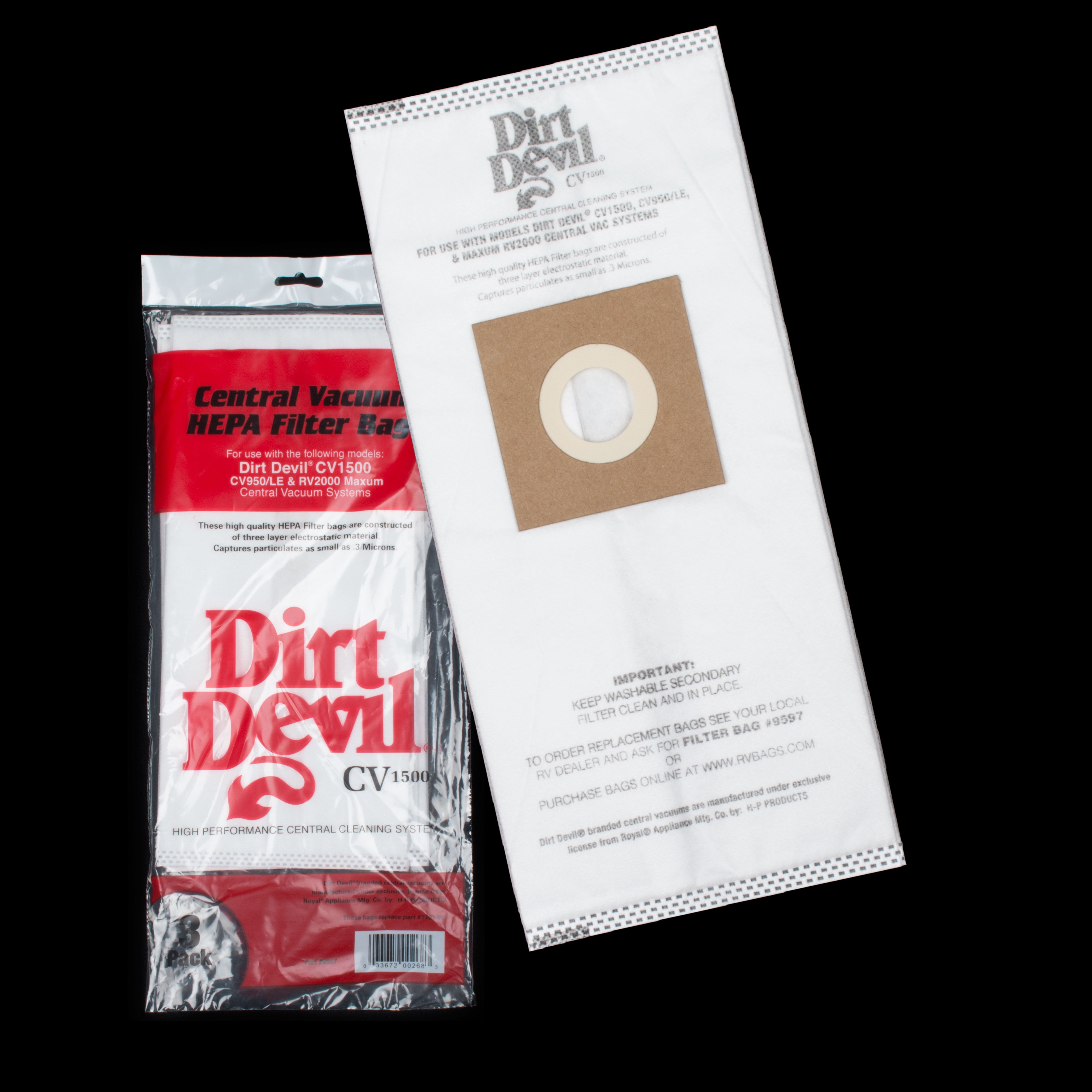 Dirt Devil CV1500 Bags 3pk fits RV2000 RV1500 CV950 CV1500 MAXUM RV  9597 VAC IN A BOX